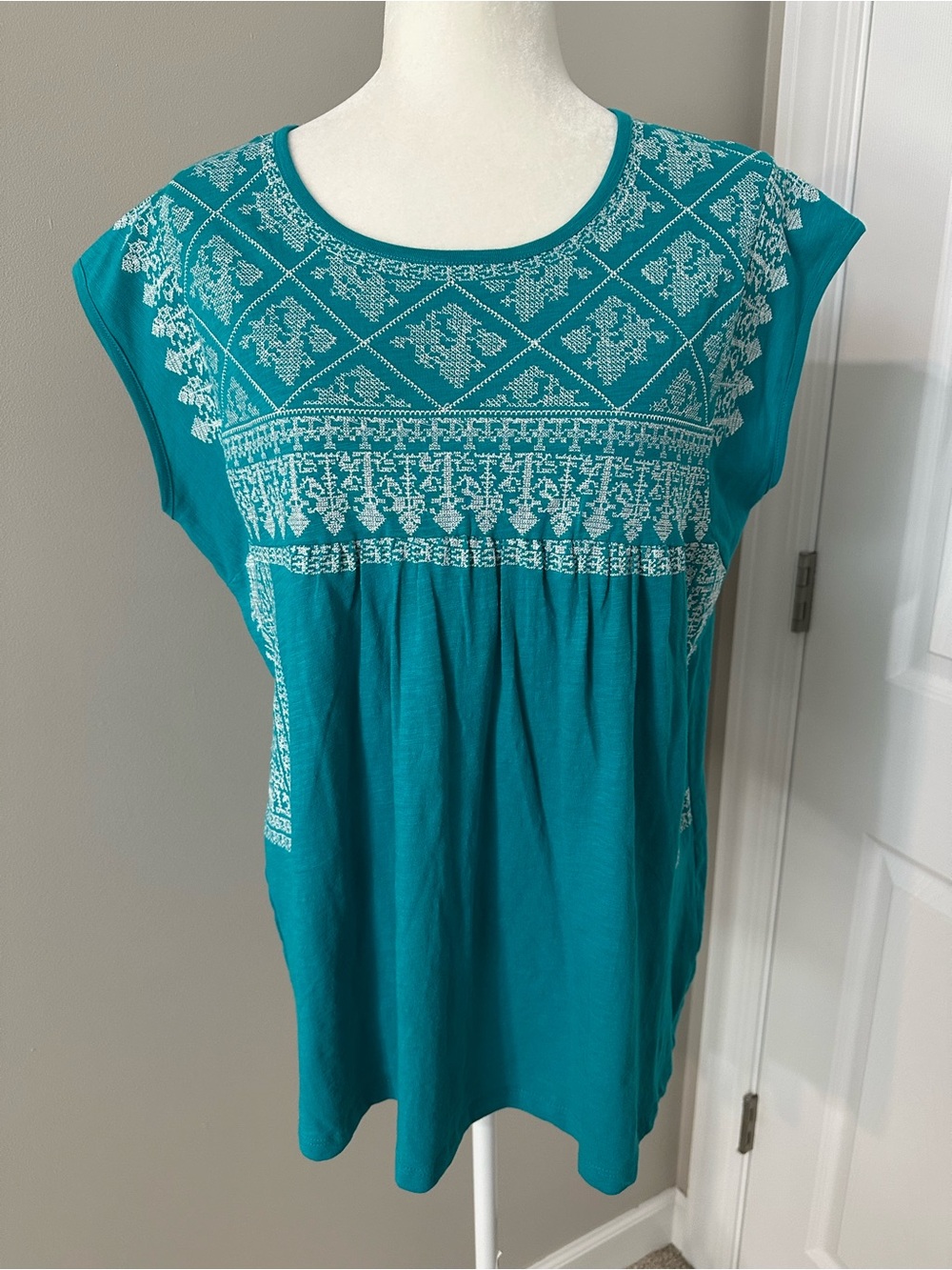 Tolani Teal Cap-Sleeve Embroidered Women’s Top